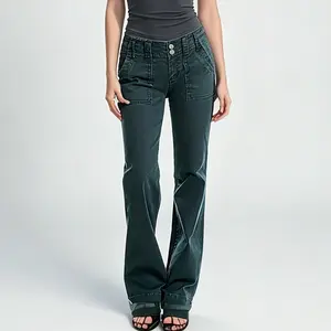 Women's Low Rise Olive Green Cargo Bootcut Pants, Vintage Washed Flare Twill Trousers, Y2K Retro Streetwear