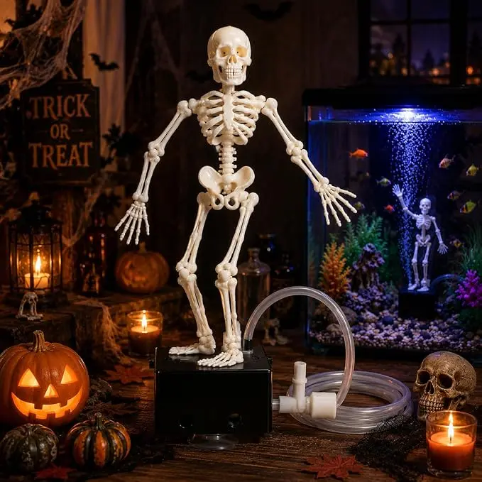 3D Printed Dancing Skeleton Aquarium Bubble Circulator, Halloween Theme Fish Tank Decor, Air-Powered Moving Skull Ornament, Water Flow Boost Gift for Fish Lovers
