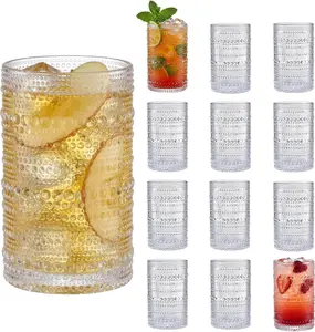 Vintage Hobnail Drinking Glasses Set of 12, 14.71oz Cup Sets for Kitchen & Bar, Embossed Beaded Clear Textured Glasses Drinking Set for Whiskey, Cocktails, Juice,Water,Coffee, Smoothies