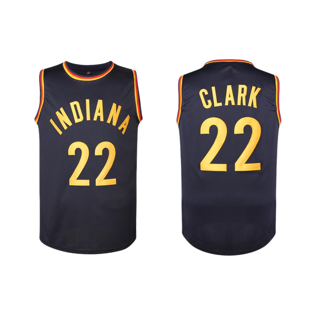 Men/Women's #22 Clark Breathable Mesh Basketball Jersey Crew Neck Red&Yellow Striped Lightweight Sleeveless Top with Embroidered Lettering Indiana Vibes Set