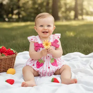 Baby Girls Summer 2-Piece Shorts Set: Strawberry Stripes Sleeveless Camisole + Elastic Waist Shorts. Soft Breathable Fabric, Cute Printed Design & Easy-Wear Style, Perfect for Daily Wear & Playdates