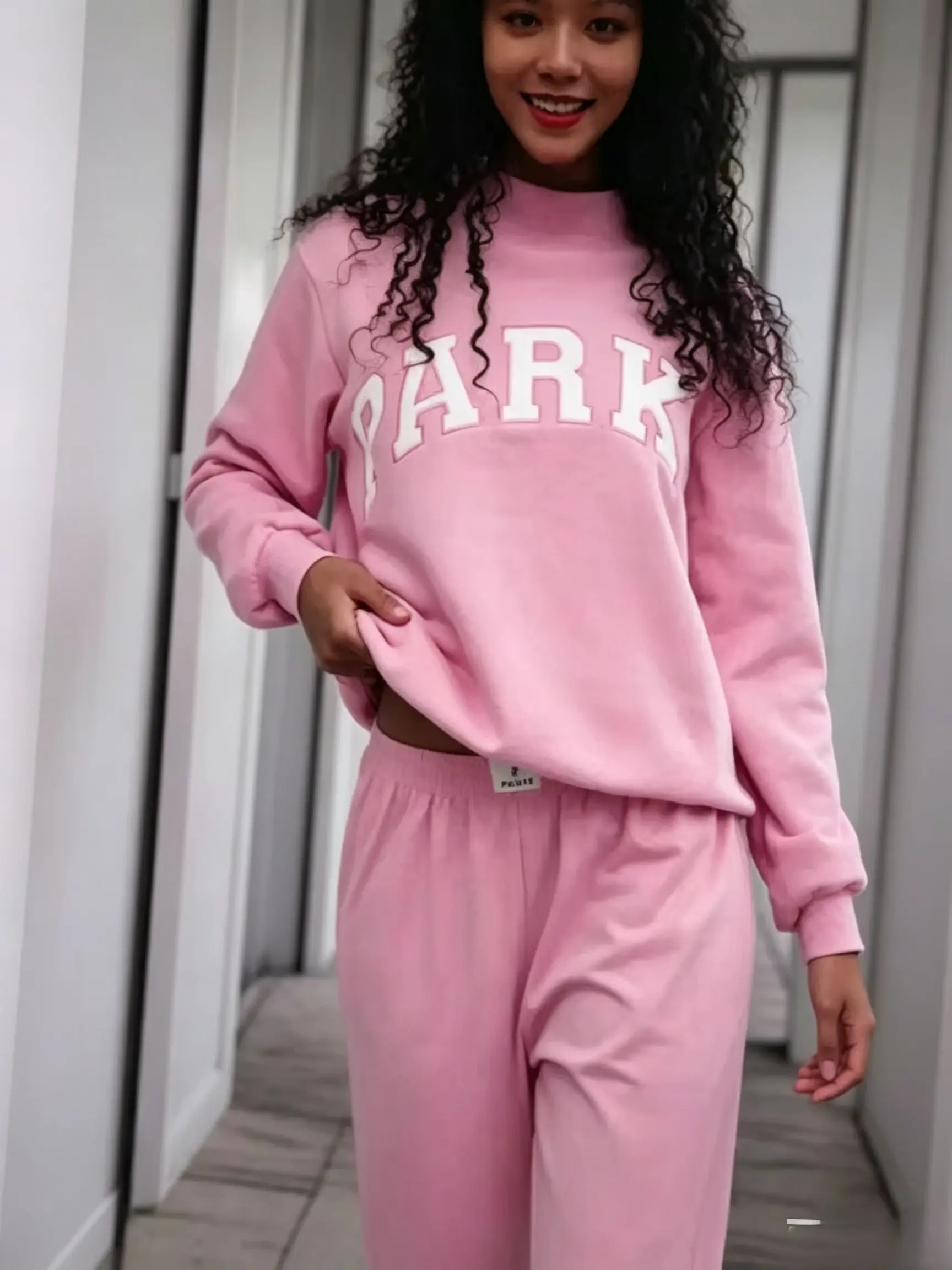 Oversized Pink PARKER Graphic Mock Neck Sweatshirt, Casual Loose Fit Long Sleeve Pullover Top for Women