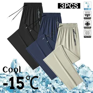 Men’s casual athletic long pants made of ice silk—breathable with a cool feel for spring/summer; solid color, versatile, cooling, lightweight, stretchy, quick-drying; flat-foot design suitable for outdoor sports, running, and fitness.