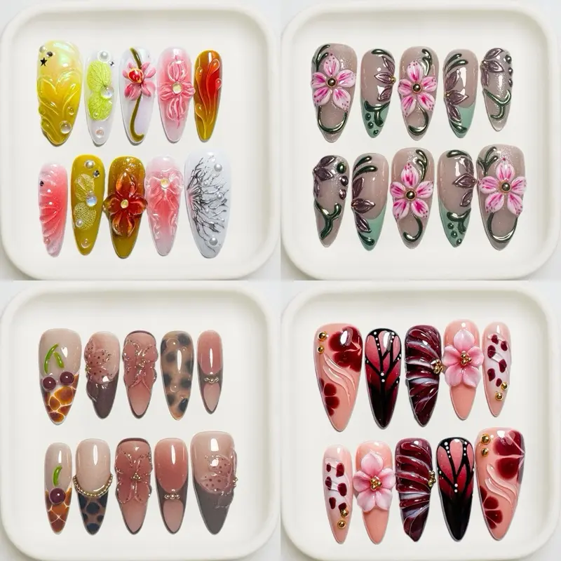 Reusable Press-On Nails, Handmade Romantic Gothic False Nails with 3D Floral Leaf Art, Long-Lasting Salon-Quality Design with a Glossy Finish, Handmade Press On Nails