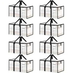 8pcs Heavy-Duty Transparent Moving Bags with Lids - XL Large Storage Boxes, Reinforced Handles & Zipper Closure, Large Fabric Suitcases Suitable for Clothing, Bedding, Dorm Organization, College Supplies, Moving - Transparent Storage Bags