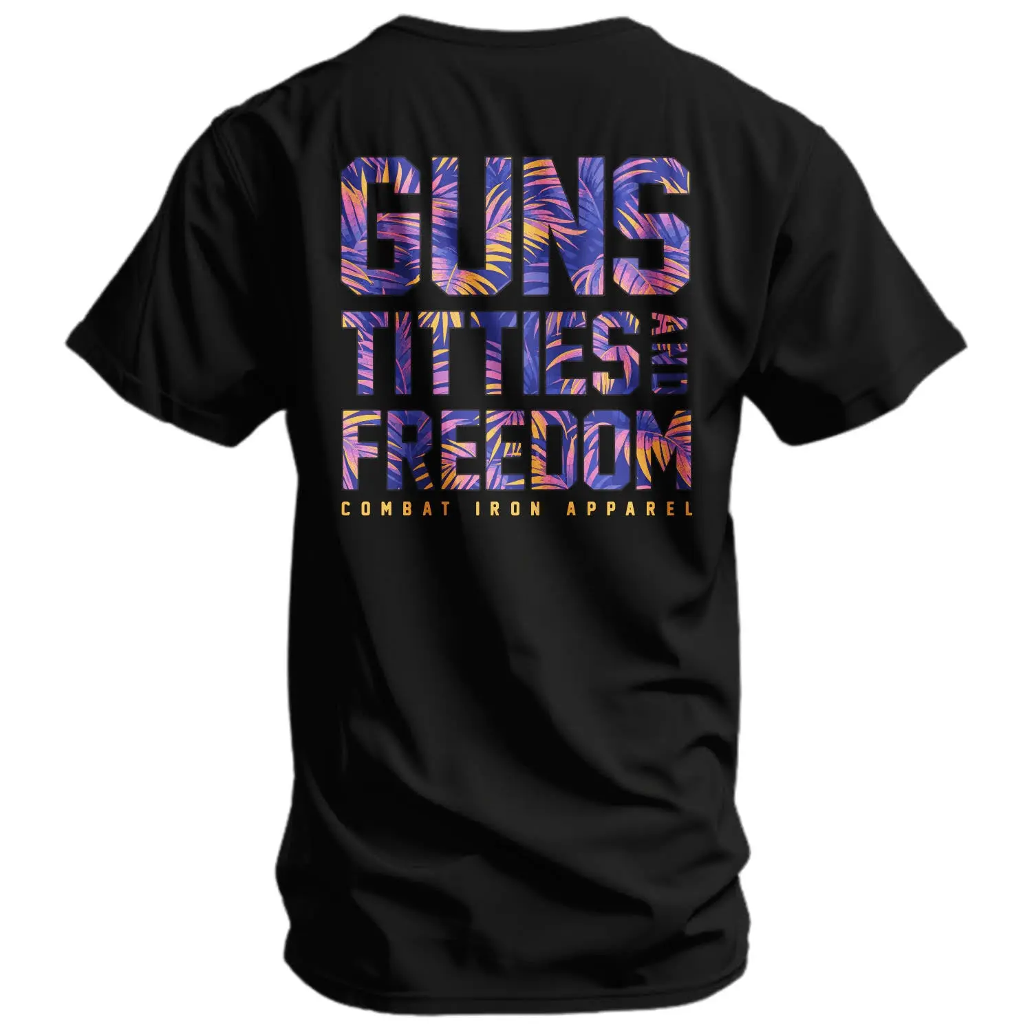 COMBAT IRON Men's Cotton Short-Sleeve Round Neck Graphic T-Shirt - Athletic Casual Menswear Top with Guns, Titties and Freedom Design