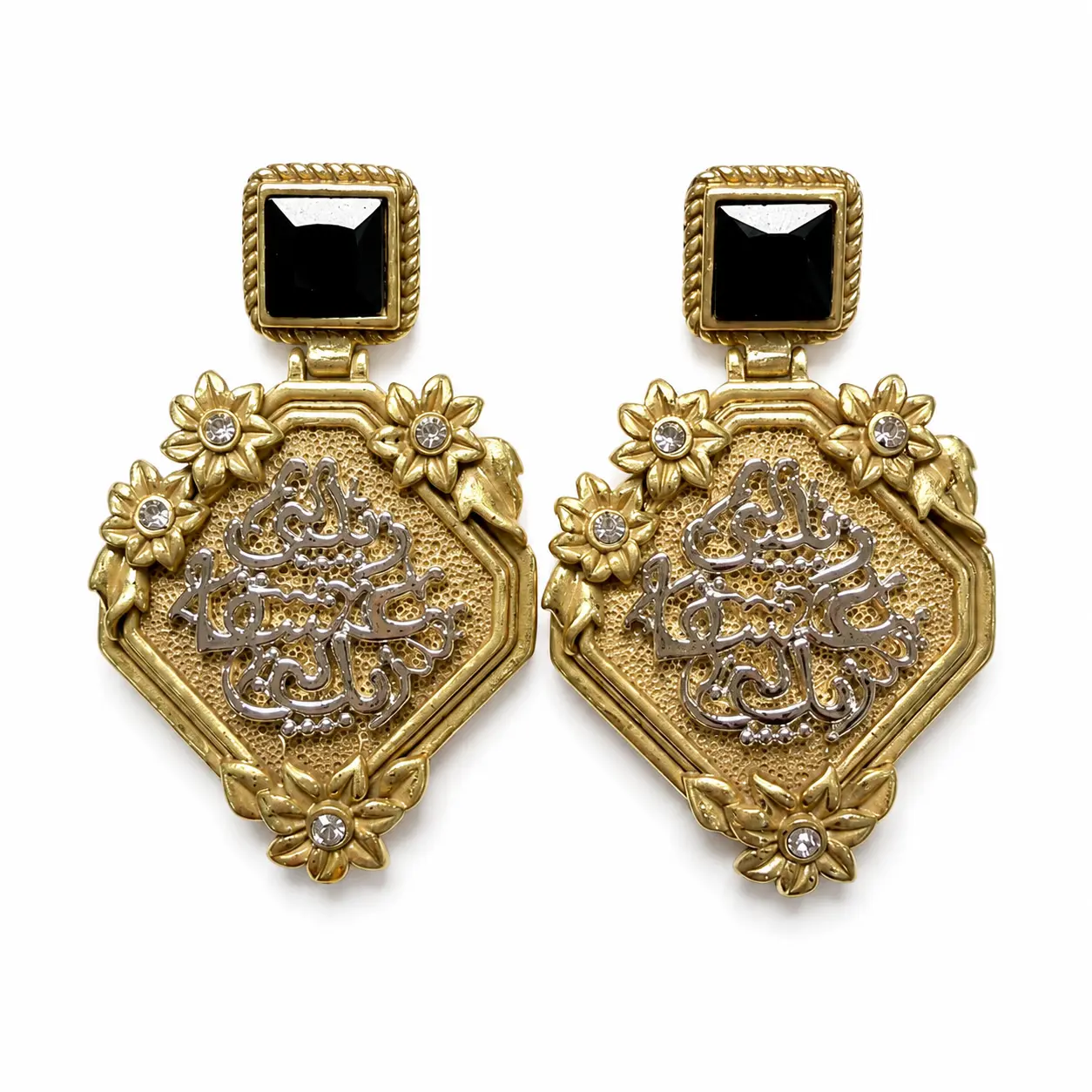 Statement Earrings, Antique Style Gold-Tone with Floral Motif, Black Square Stone and Rhinestone Drops for Holiday Evening Parties, 3*4.5 cm, Female
