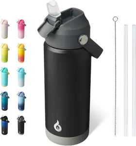 BJPKPK Insulated Water Bottle with Straw Lid, 18oz Thermo Water Bottles with Soft Nozzle, Flex Handle & Non-slip Boot, BPA Free Leak Proof Stainless Steel Metal Thermo, Tumblers, Cups,Black