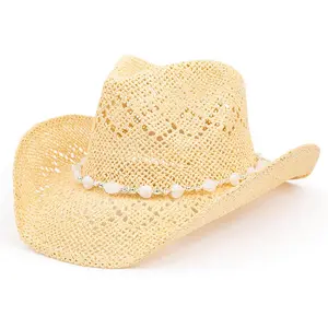 Western Cowgirl Hat, Straw Cowboy Hat for Women with Shapeable Brim, Beaded Hearts Trim, Shapeable Cowboy Hat