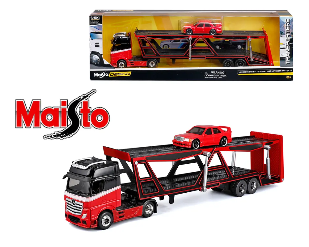 Maisto 1:64 Mercedes-Benz Actros & 1990 Mercedes-Benz 190E Red – Transporters