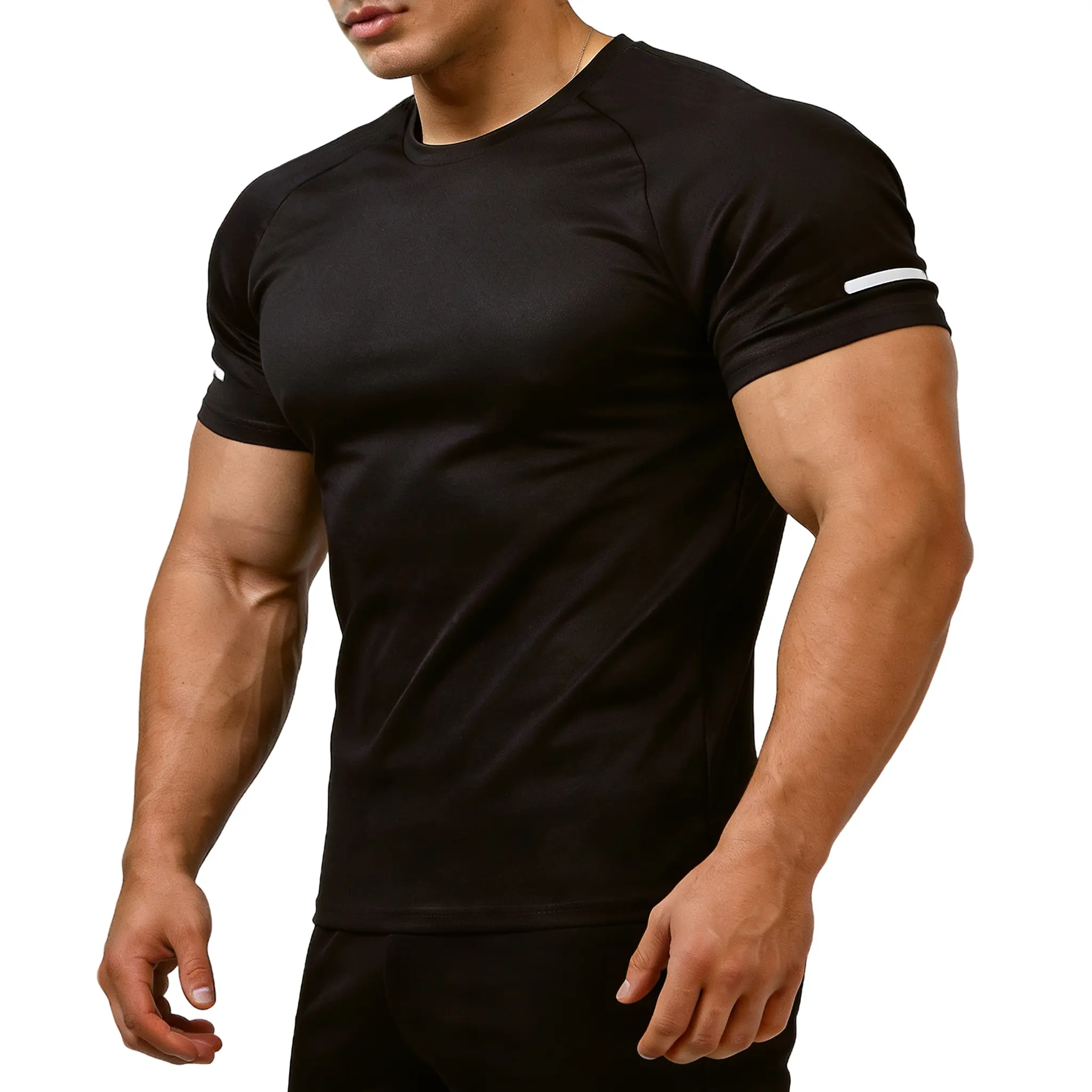 Men's Sports Short Sleeve T-Shirt Running Fitness Outdoor Training Black Quick-Dry Material