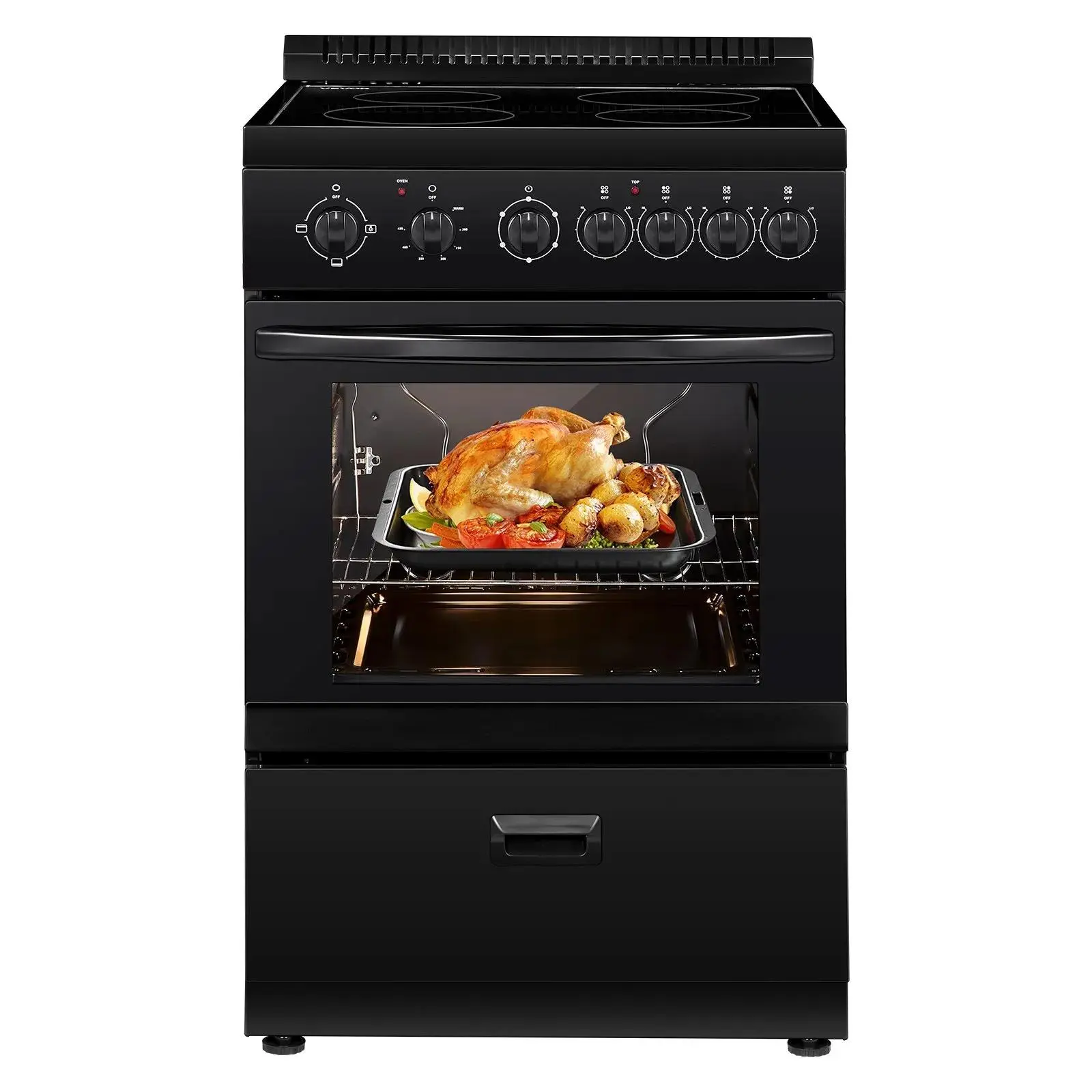 【Summerfinds】VEVOR 24 in Electric Range Oven,  2.7 Cu. Ft. Capacity Compact Freestanding Oven, Stainless Steel Kitchen Stove with 4 Burners, Easy Reach Rack, Storage Drawer, Drip Pan, Indicator Light(No Power Cord), Kitchen Appliances, Family Cooking, Dur
