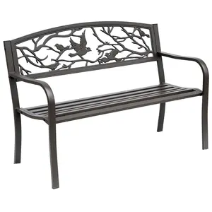 Outsunny 50" Outdoor Bench, Metal Garden Bench with Animal Pattern Backrest, Porch Bench with Slatted Seat for Park, Yard, Lawn, Brown
