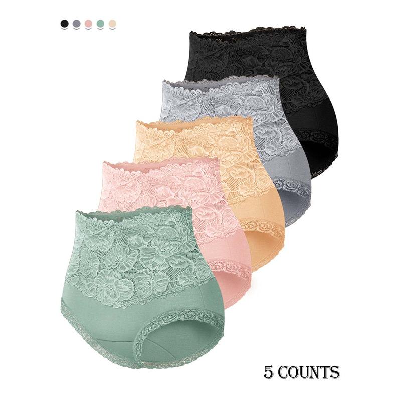 【COTTON】Morelect Women's Solid Color High Waist Briefs,5/7/10 pcs Soft Comfy Breathable Pastel Lace Knicker for Daily Wear, Underwear for All Seasons Womenswear Panties Basic Casual]