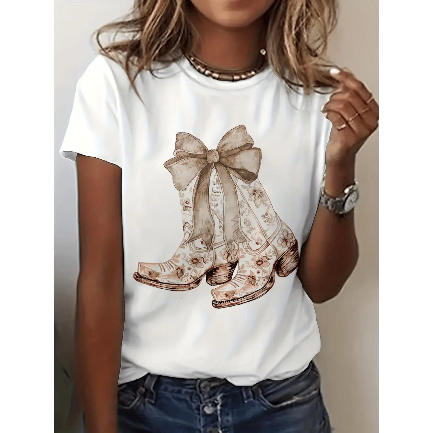 Boho Chic Western Style Womens Graphic Print Short Sleeve Crew Neck Casual Top Featuring Cowgirl Floral Boots Design Breathable Comfortable Summer Spring Tee