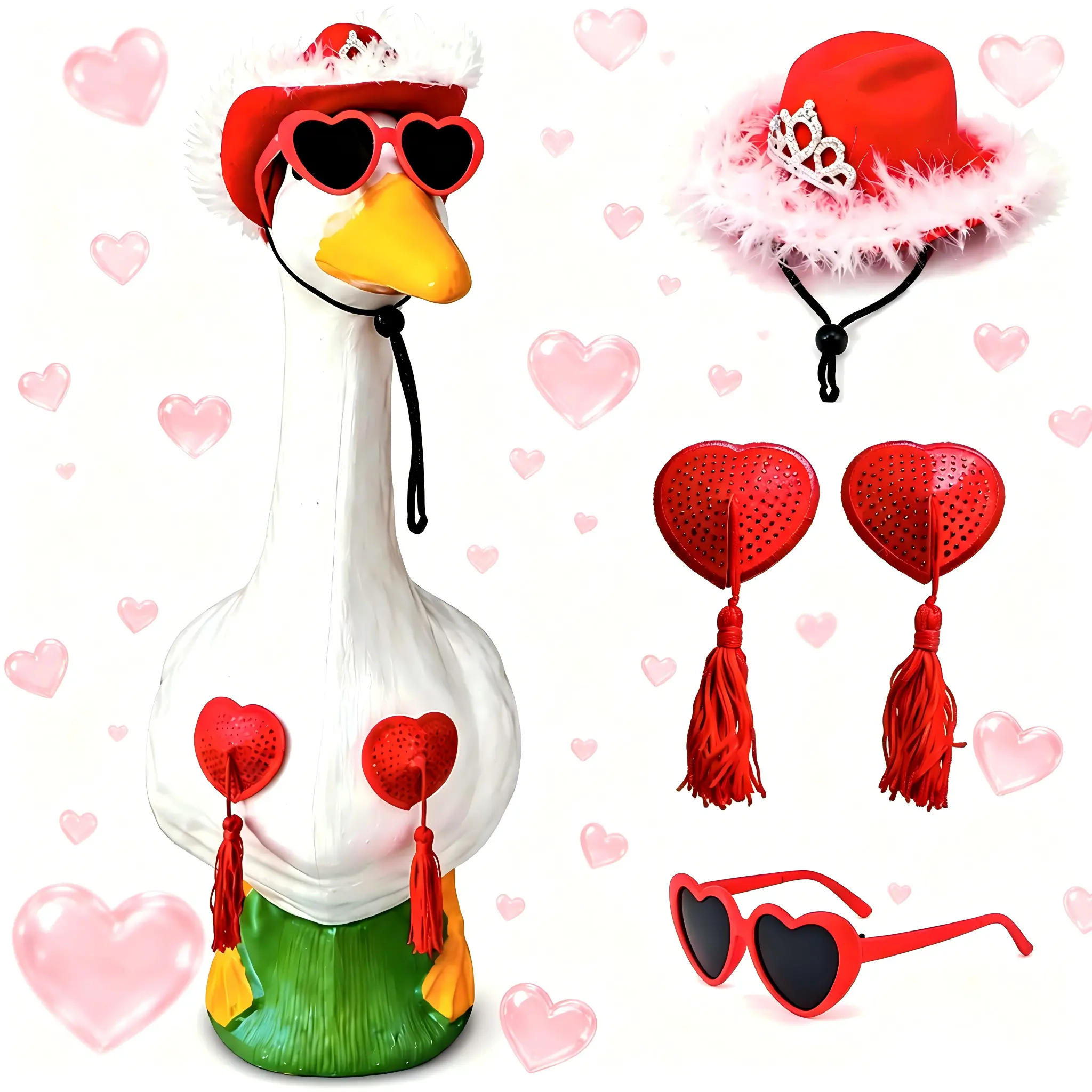 23 in Romantic Valentine Porch Goose Costume Set - Red Heart Shape Decorations and Ornaments Kit with Feather Cowboy Hat, Heart Sunglasses, Tassel, Adjustable Strap for Front Porch, Outdoor Garden Statue Party Decor, Front Porch Decor