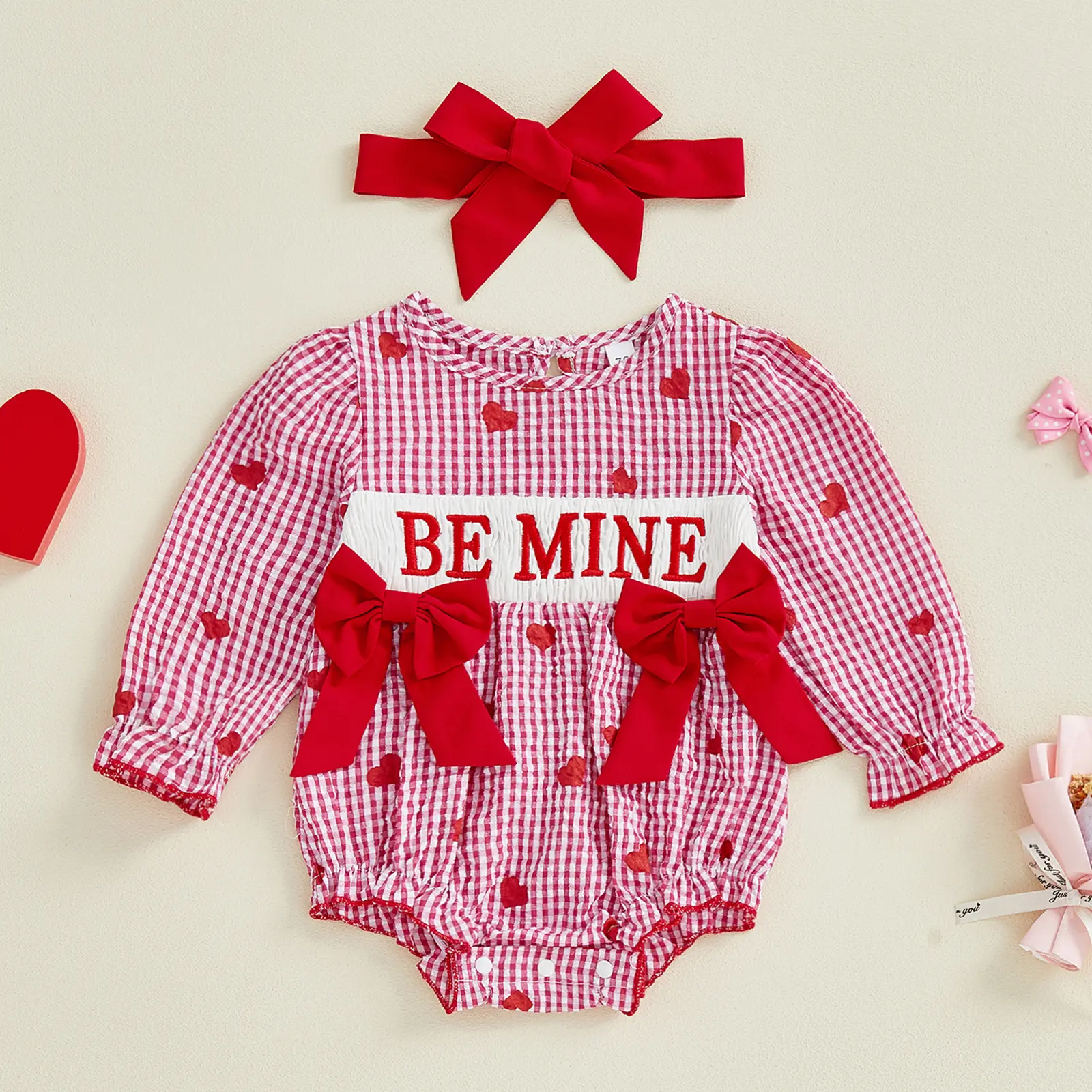Infant Baby Girl Valentine's Day Baby Clothing Set - Long Sleeve Heart Embroidery Romper, Matching Headband, Spring Outfits for 0-18 Months