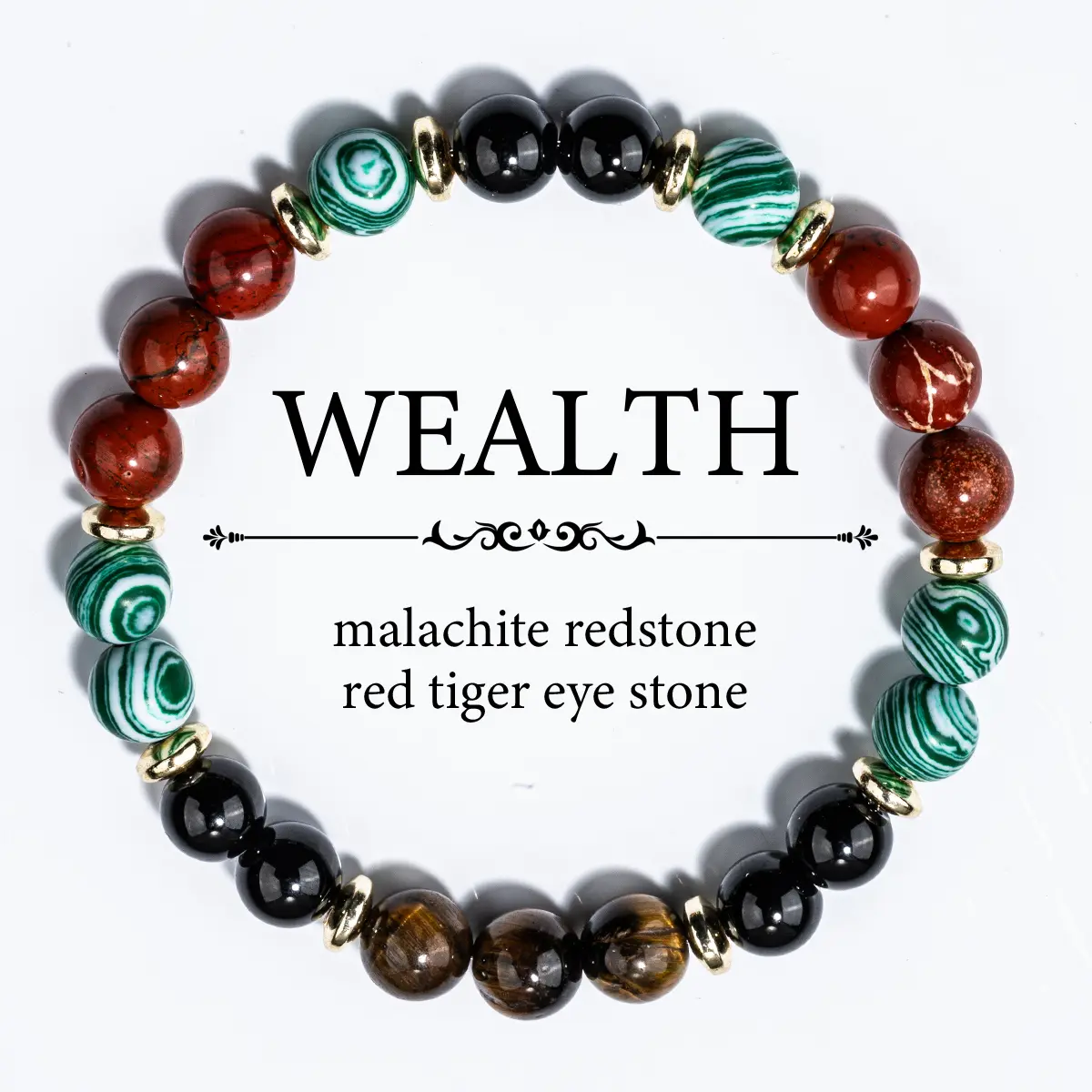 1pc Wealth Attraction Bracelet With Natural Stones - Malachite, Red Tiger Eye, Redstone, Elastic Fit For Prosperity And Abundance, Ideal Gift For Family And Friends