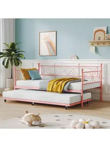 Sturdy Bed Frame, Twin Size Metal Daybed Set with Pull-Out Trundle for Bedroom, Living Room, Available in Black, White, Pink