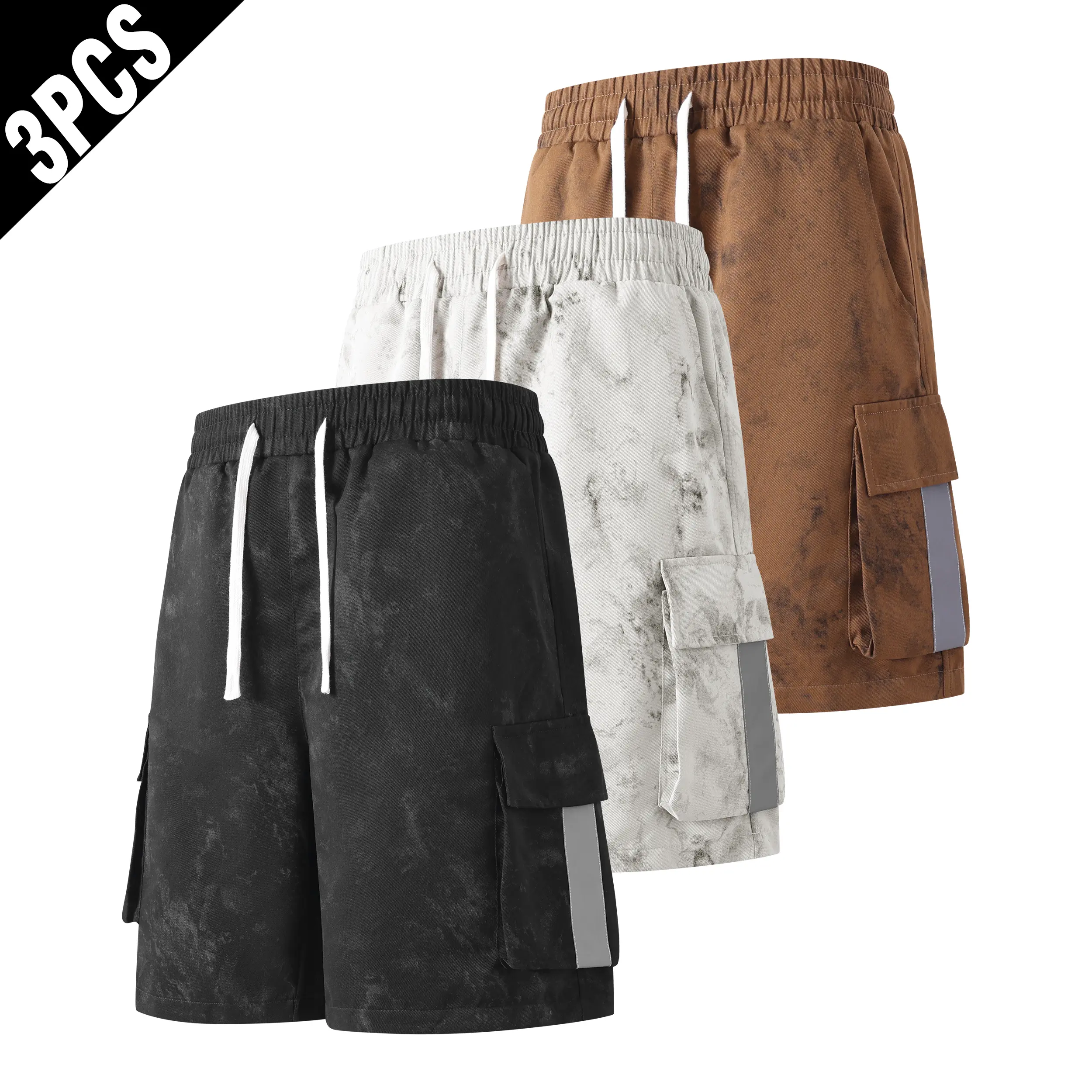 Men’s Menswear 3-Pack Tie Dye Wash Printed Cargo Shorts - Drawstring Elastic Waist, Reflective Stripe Side Pockets, Casual Streetwear Utility Shorts summer men men's casual cargo short outdoor fitness active