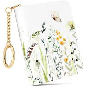 Women's Small Leather Credit Card Holder Wallet - Leather Material Card Organizer Case with Zipper, Keychain, Weeds