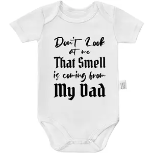 Newborn Short-Sleeve Fun Themed Bodysuit - Unisex Baby Clothing, Sleepwear with "Don't Look At Me That Smell is Coming from My Dad" Design, Fun Themed Bodysuits