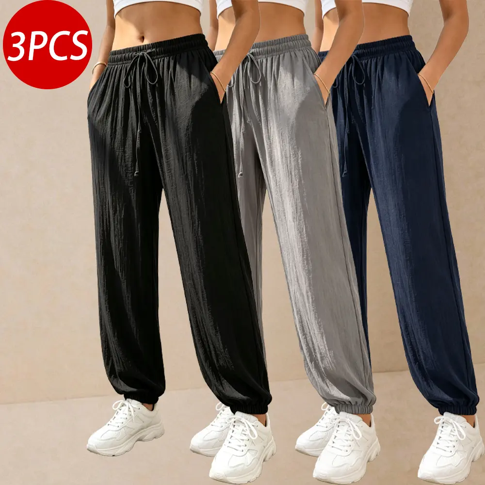 3-pack women’s drawstring joggers with a linen texture and ruched detailing; a must-have for slightly fuller figures. High-stretch, loose jogger pants with side pockets—breathable and lightweight summer casual beach workout pants.