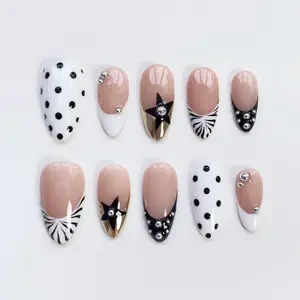 CYBER STAR | Y2K Mix & Match Press On Nails | Silver Chrome Zebra Polka Dot Fake Nails | Edgy Cybercore Aesthetic | Custom Almond French Set 2026