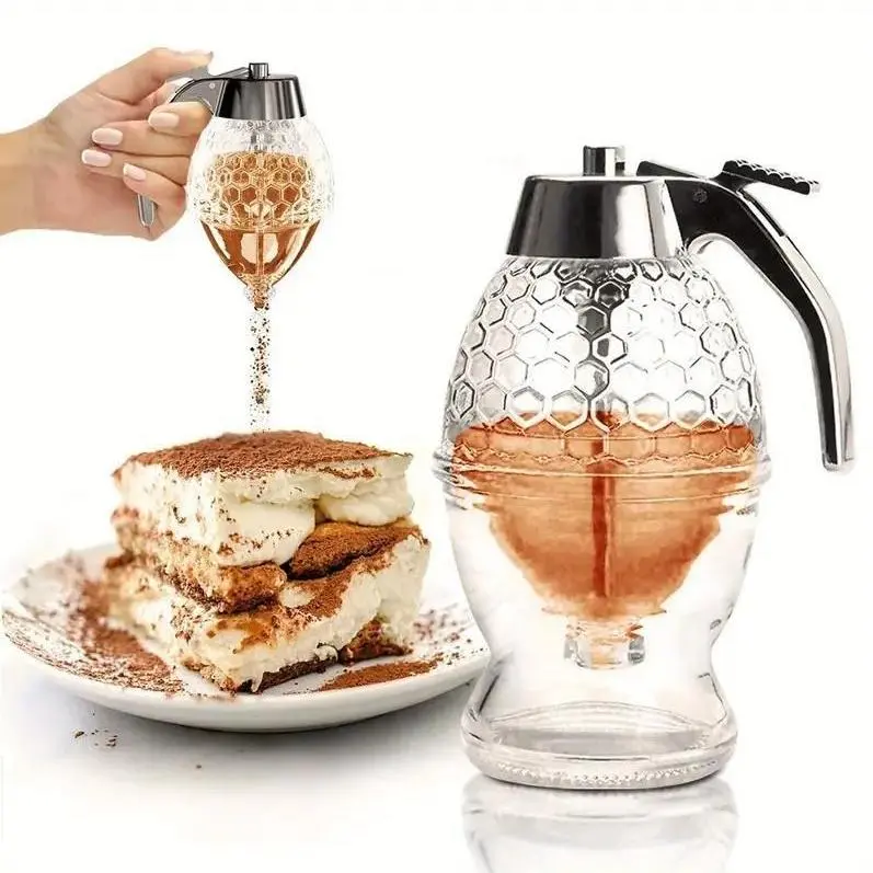 No-Drip Food-Grade Glass Honey Dispenser with Aluminium Stand Airtight Seal Honeycomb Design Modern Decorative Jar for Baking Mess-Free Pouring Kitchen Storage Refillable Jar Tool Clear Canister