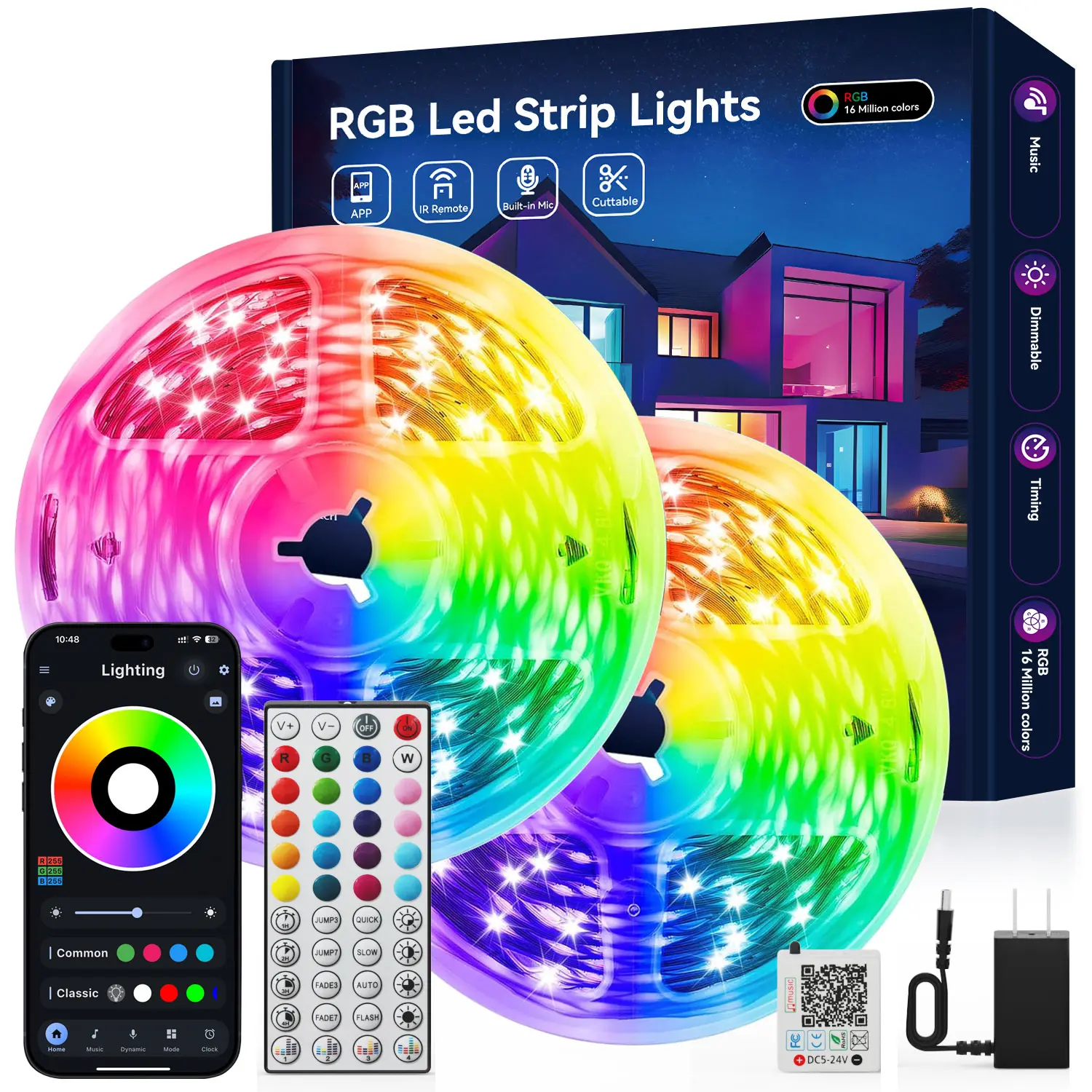 Smart RGB LED Light Strips - Remote/App Control, Music Sync, Dimmable RGB, Adjustable RGBIC Lighting, Ambient Atmosphere Lights, Bedroom Girl Room Decor Home Accessory