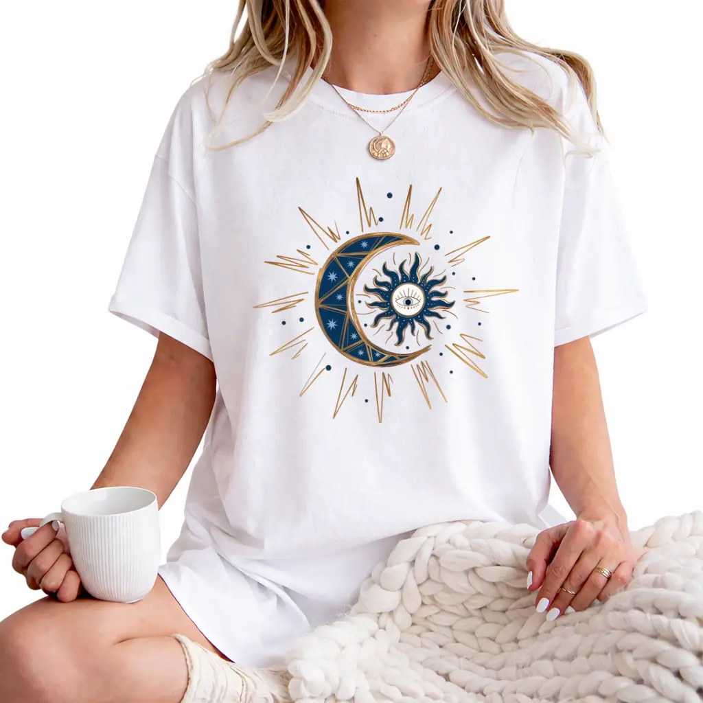 Women’s Casual Crew Neck T-Shirt with Sun and Moon Design - Ideal for Spring and Summer