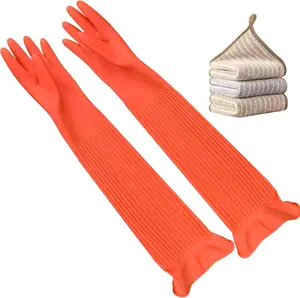 3 Pairs Household Extra Long Kitchen Gloves for Washing Dishes20.05inches Rubber Cleaning GlovesReusable Latex Living Wash GlovesLong Sleeves(Medium, Red)