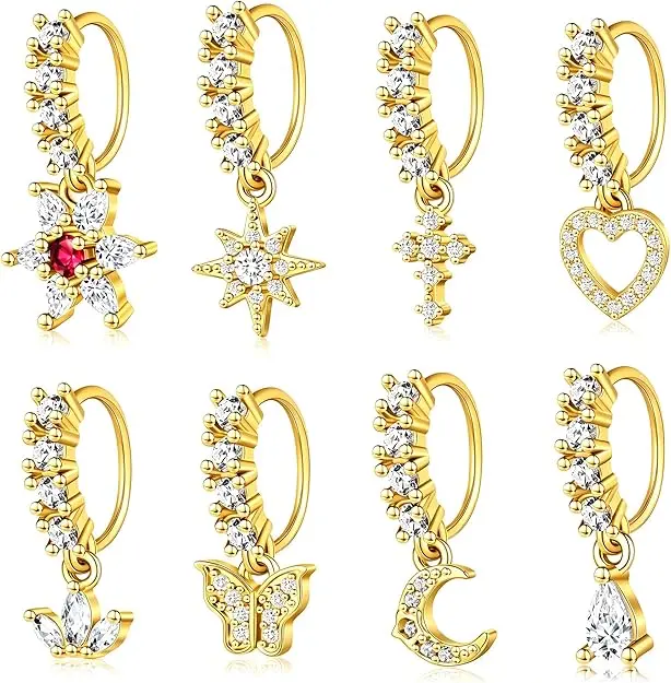  8 PCS Nose Ring Hoop Gold Nose Rings Studs for Women Dangling Nose Piercing Jewelry Set Cute Nose Rings Hoops Charm Cartilage Earring for Women