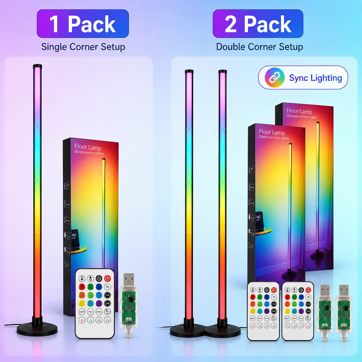 48" RGB Corner LED Floor Lamp - Remote & App Control, Color Changing Music Sync Indoor Wall Lighting Fixture for Bedroom, Living Room