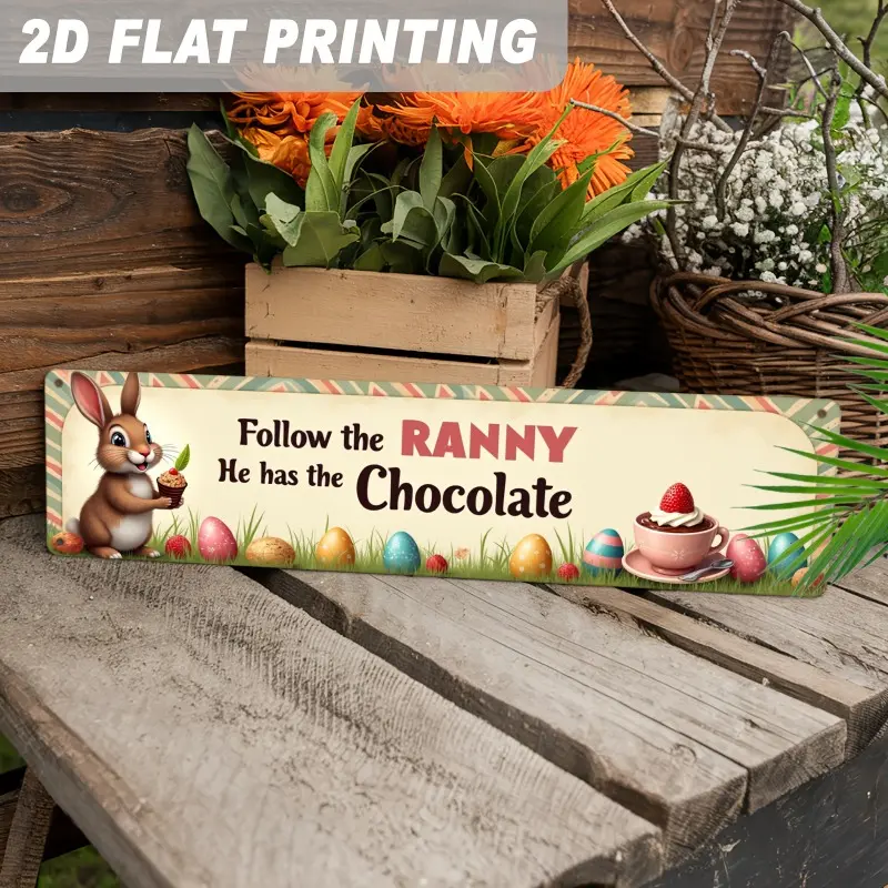 Vintage Iron Rectangular Wall Plaque - "Follow the Bunny He Has the Chocolate", 4x16in Easter Metal Sign, Indoor Home & Kitchen Holiday Decor, No Outdoor Use