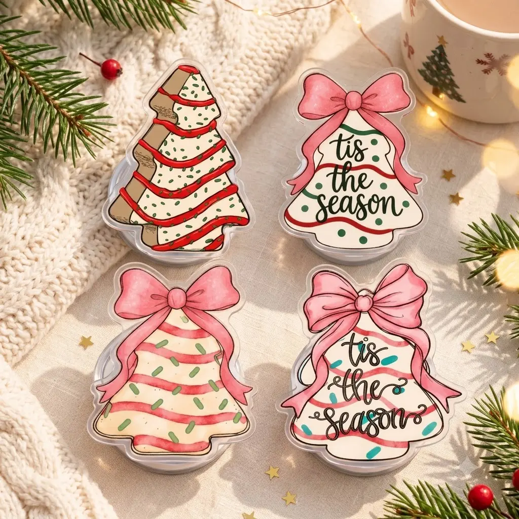 Christmas Tree Cake Phone Grip, Cute Pink Bow Snack Kindle Grip, Coquette Holiday Food Mobile Stand, Festive Xmas Gift For Women