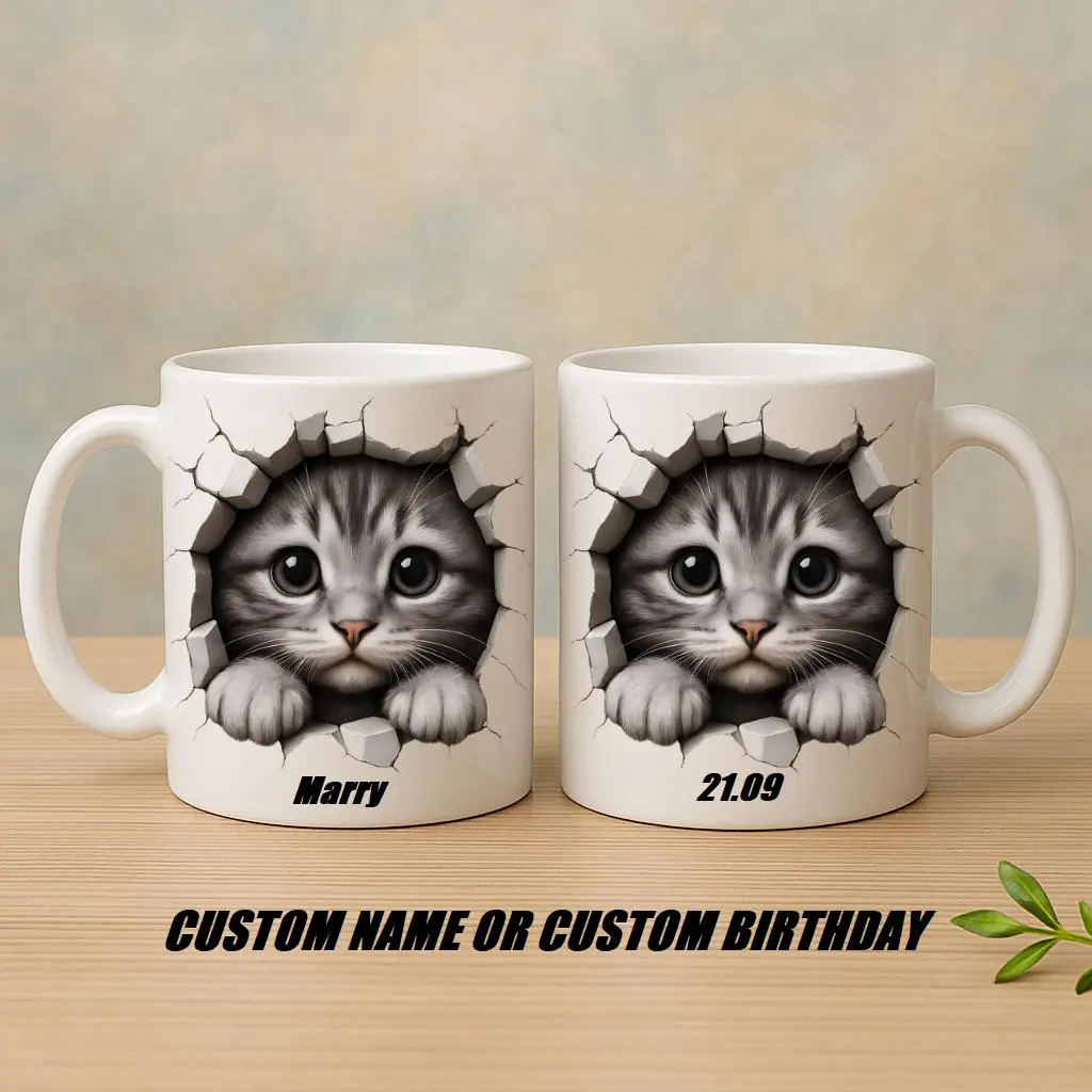 Personalized Cute Cat Mug with Custom Name or Date, 3D Kitten Cracked Wall Design Ceramic Coffee Cup, Unique Custom Drinkware for Home, Office and Everyday Use | Gifts for Kids | Home Decor | Hot Chocolate | Drinks | Novelty Gifts | Office Mugs |