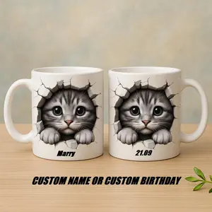 Personalized Cute Cat Mug with Custom Name or Date, 3D Kitten Cracked Wall Design Ceramic Coffee Cup, Unique Custom Drinkware for Home, Office and Everyday Use | Gifts for Kids | Home Decor | Hot Chocolate | Drinks | Novelty Gifts | Office Mugs |