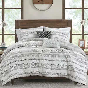 Boho Comforter Set, Seersucker Southwestern Farmhouse Queen Size Comforters, Printed Reverse, All Season Microfiber Bedding Set, Full/Queen, Ivory/Black 5 Pieces