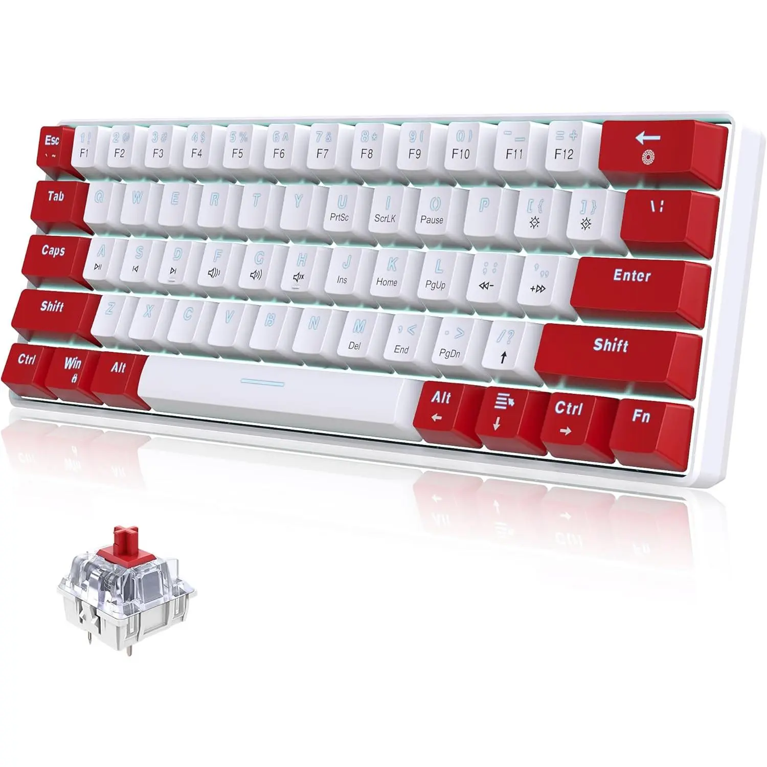 60% Wired Mechanical Gaming Keyboard, White LED Backlit Ultra-Compact Mini Keyboard, Red-White Color with Red Switches, for Windows Laptop PC & Gaming Laptop Accessories