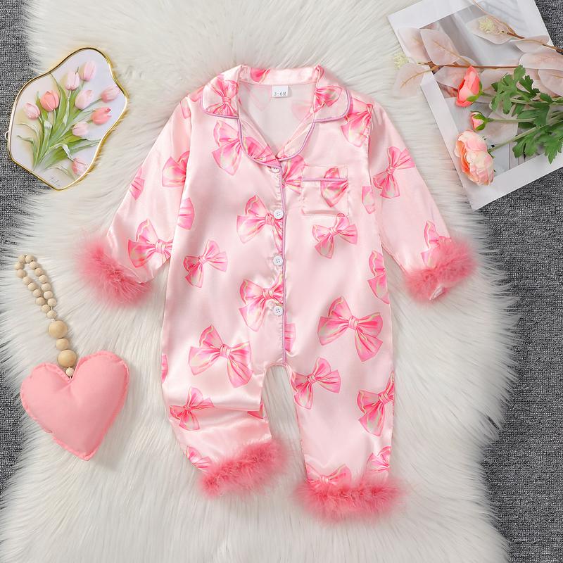 Baby Girls Pajamas, Long Sleeve Bow Print Furry Patchwork Button Closure Jumpsuit Sleepwear Loungewear