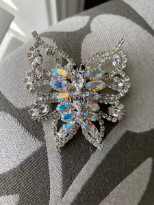 Antique Silver Rhodium Rhinestone Accent Butterfly Brooch, Fashion Statement Butterfly Brooch Pin