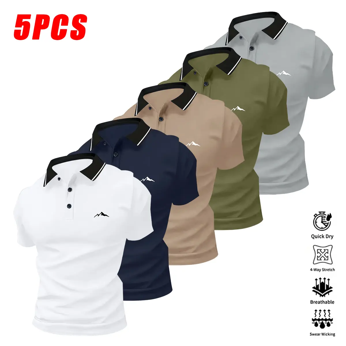 5-pack men’s polo shirts, casual, breathable, and soft, featuring a contrast collar and button design; lightweight, machine washable, and easy to care for—suitable for the office, travel, parties, and outdoor sports like tennis and golf; also great as a h