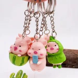 Cute Cartoon Raincoat Pig Doll Soft PVC Keychain Pink Yellow Blue Trinket Girl Boy Pendant Bag Car Key Ring Jewelry Lanyard Gift