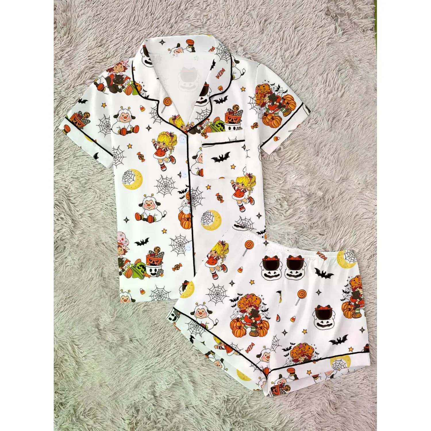 Cozy Women's Halloween Pajama Set - Cute Strawberry Girl Print, 2-Piece Short Sleeve Sleepwear, Fun and Comfortable Nightwear Gift