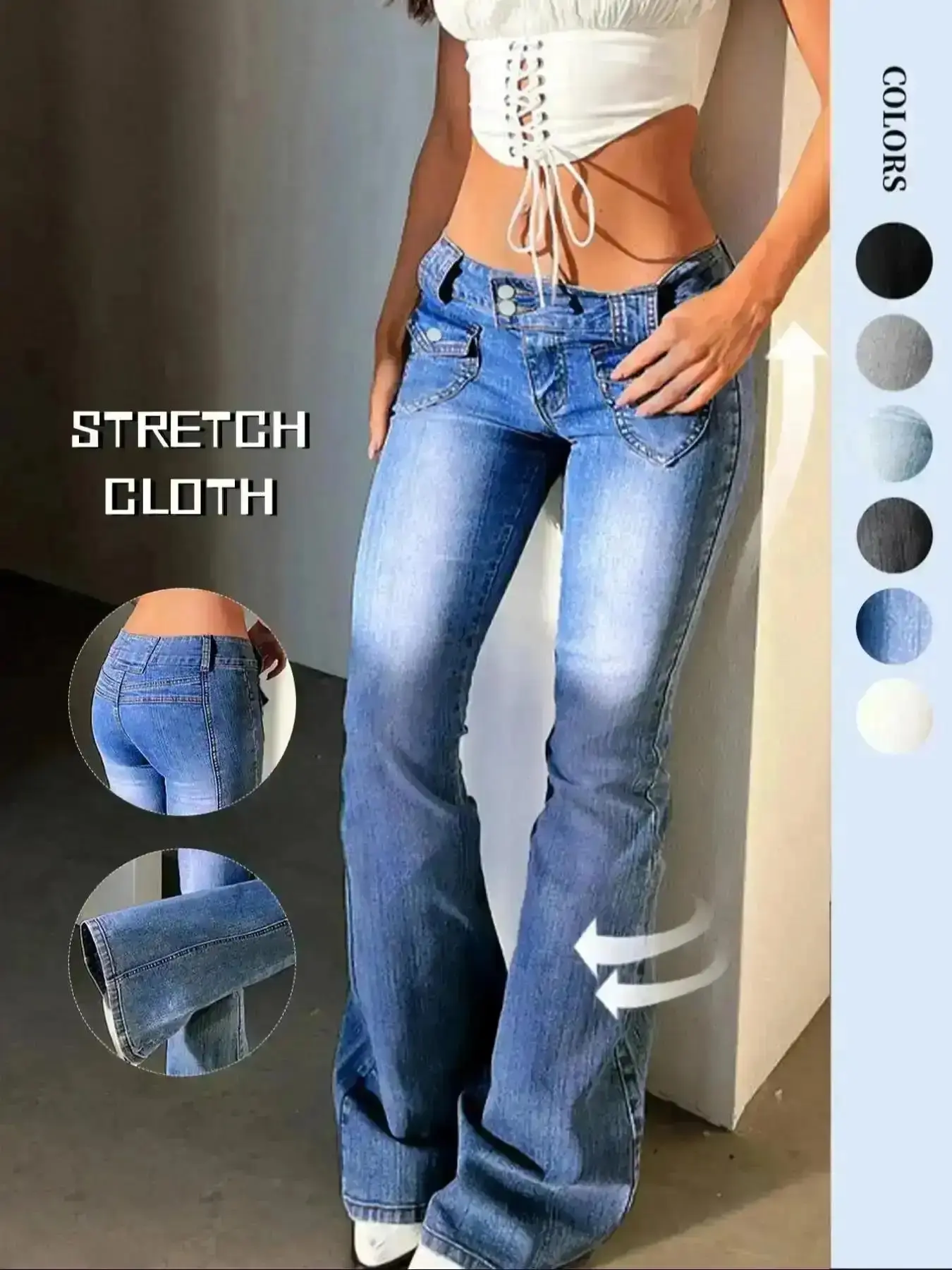 Exquisite Women's Bootcut Jeans Vintage Stretch Low Rise Double Button Closure Flap Pockets Denim Pants, Casual, Relaxed Fit, Everyday, Joggers Fit, Casual, Classy, Chic, Seasonless, All Year Style, Adjustable, Versatile