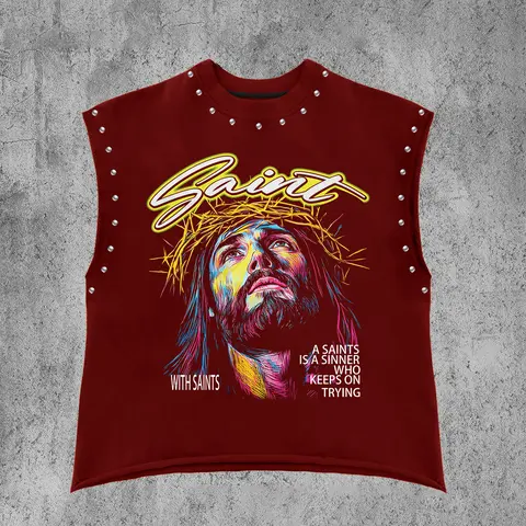 Men's Tech Jesus Print Tank Top, Sleeveless Gym & Streetwear, Rivet Details, Saint Print, Fitted Casual Summer Vest