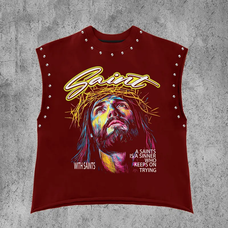 Men's Tech Jesus Print Tank Top, Sleeveless Gym & Streetwear, Rivet Details, Saint Print, Fitted Casual Summer Vest