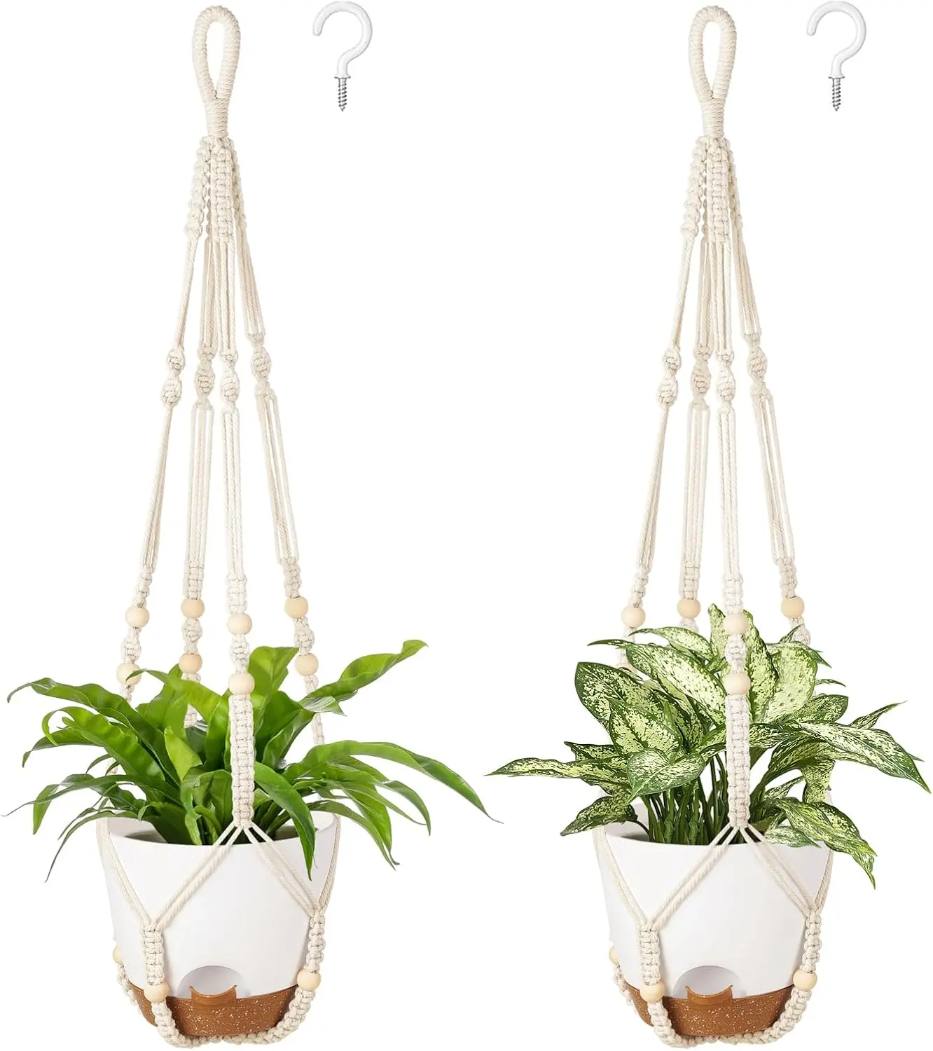 7.5 Inch Hanging Planters, Macrame  Hangers with Self Watering  Pots Indoor Set of 2 Hanging Baskets Flower Pot Holders with Hooks No Tassels for Boho Home Decor,