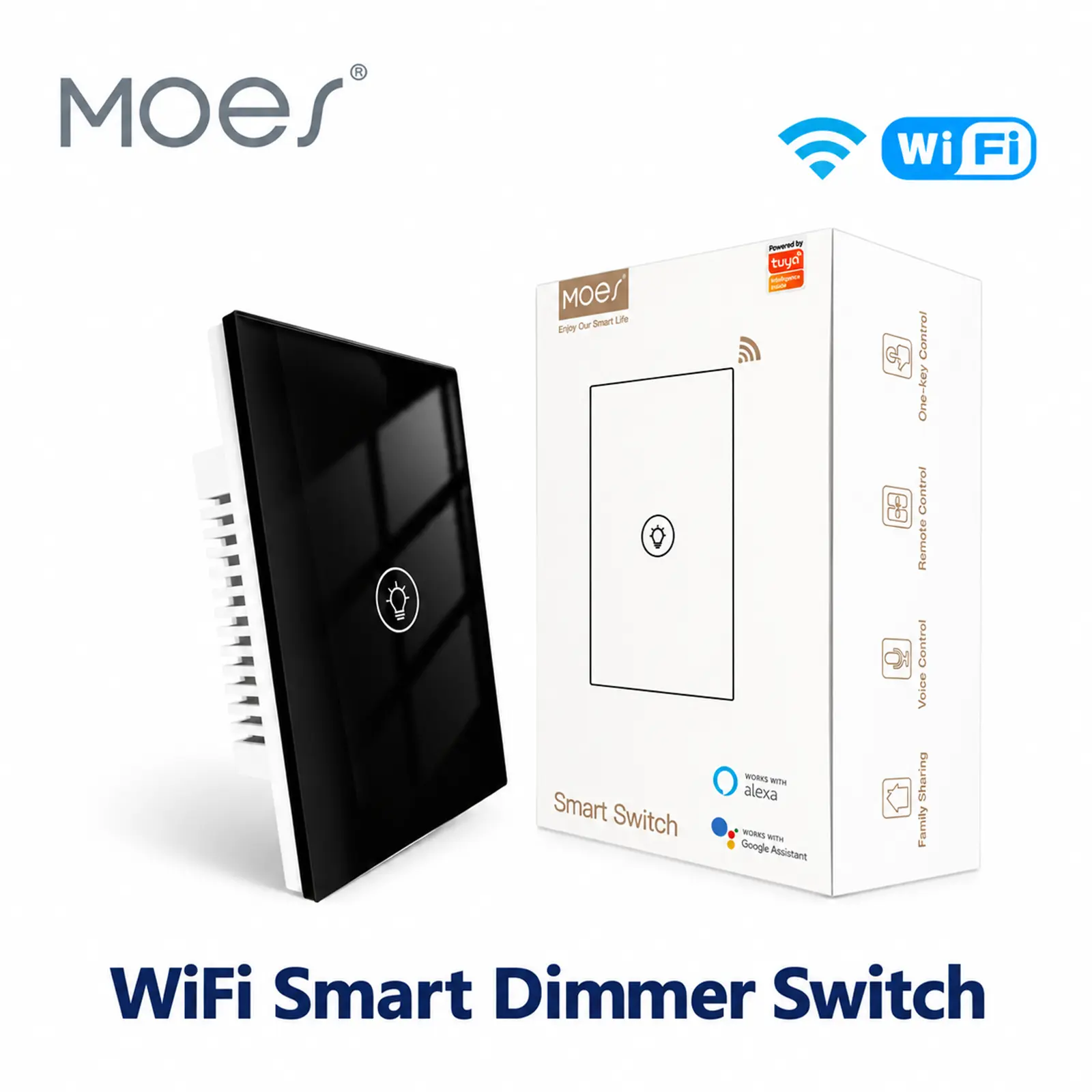 MOES WiFi Smart 1 Gang Wireless Dimmer Switch (Black Only), Long-Press Dimming, Wi-Fi Direct, 20-30m Outdoor Range, Voice Control + Scheduling - Compatible with Alexa & Google Home, Wireless Dimmer Switches